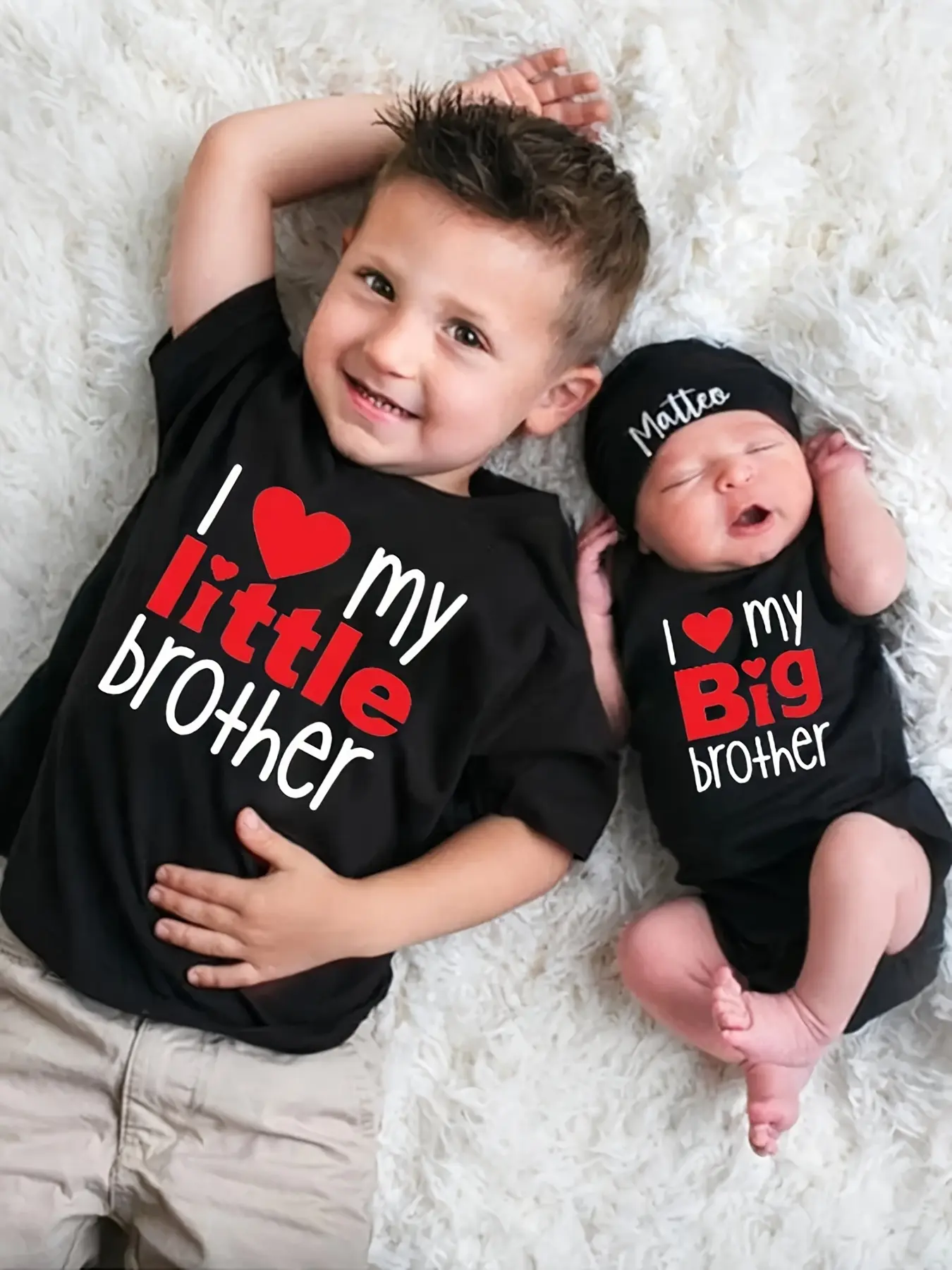 Boys' Cute Casual Fitted Short-Sleeve "I Love My Big/Little Brother" Matching Sibling T-Shirts, Red Heart Graphic Tops, Everyday Family Outfit for Big & Little Brothers