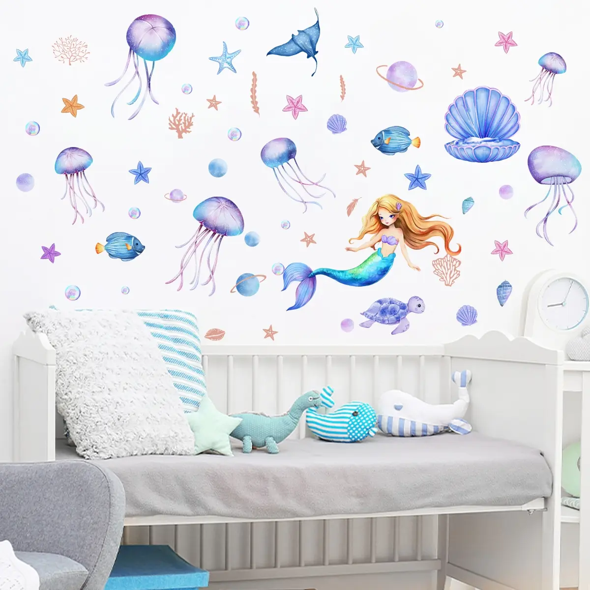 A set of two underwater jellyfish and mermaid bathtub decals, self-adhesive decorative stickers for bathroom toilets and bathrooms, M13579-KN