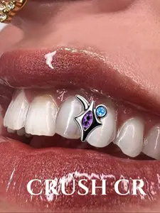 CRUSH CR 1pc 18K Gold Plated Copper Two-Tone Star Zircon Grillz, Prong-Set Design, Hip-Hop Unisex Tooth Jewelry for Black Women Girls Men Kid Boy, Stylish Teeth Accessory Suitable For Parties, Street Style Daily Wear Bold Statement Piece for Any Occasion