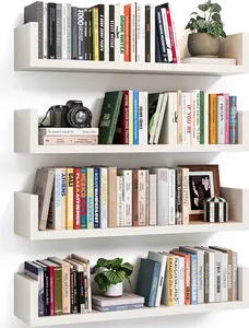 Floating Bookshelves for Wall - Wall Mounted Bookshelf Set of 4, U-Shaped Hanging Bookshelf for Bedroom, Living Room & Office, Wall Book Shelf for Home Decor & Storage (4, White, 17 Inches)