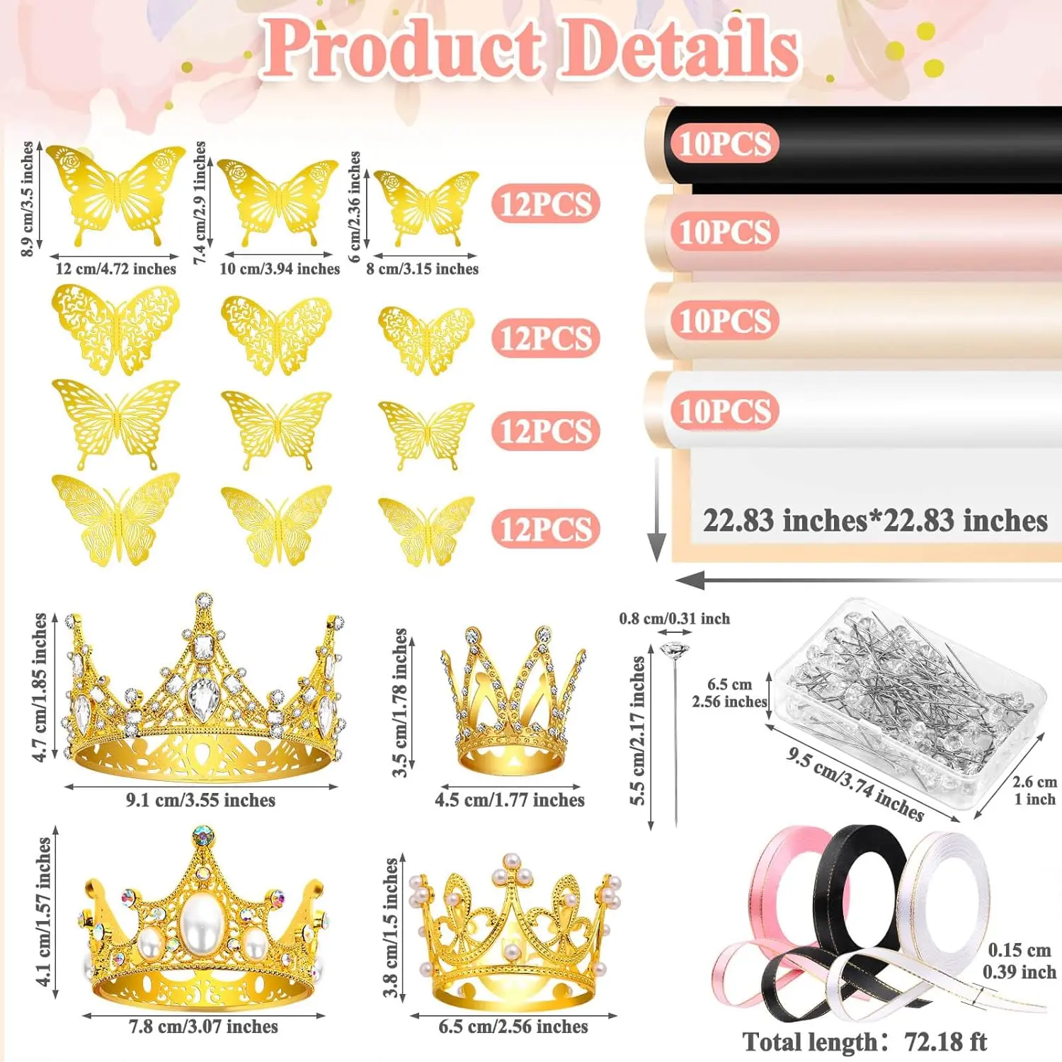 195 Pieces Flower Wrapping Bouquet Paper Kit with 40 Waterproof Floral Wrapping Paper, 4 Gold Crowns,48 Butterfly, 3 Ribbons and 100 Flower Pins for Flower Bouquets