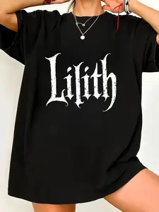 "Lilith" Gothic Graphic T Shirt, Men's Women's Dark Witchcraft Print Tee, Oversized Heavy Cotton Casual Crew Neck Short Sleeve Top (Black)