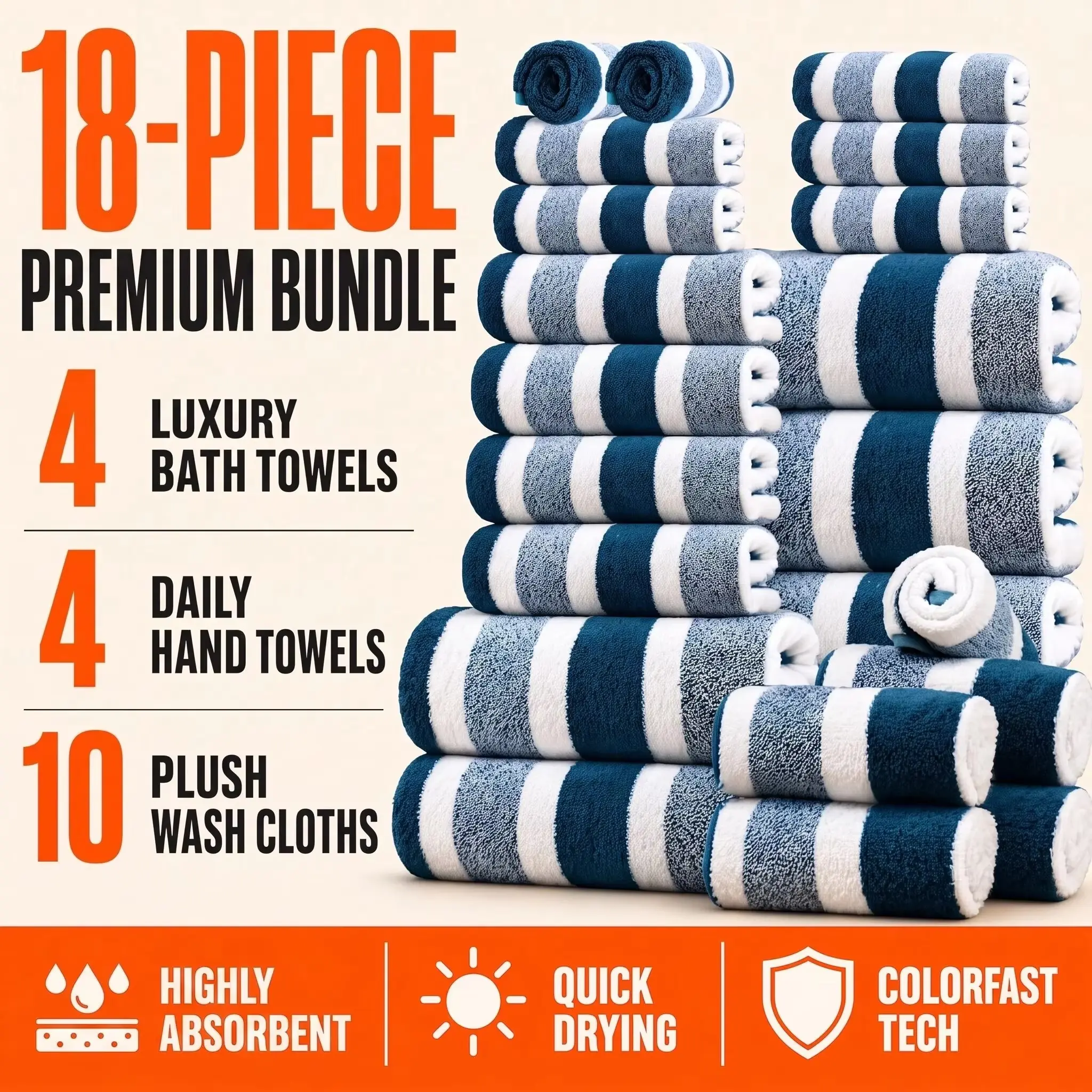 18pcs Luxury Bath Towels Set - Quick-Dry Highly Absorbent Plush Soft Coral Fleece-like Texture, Multi-Size Family Bathroom Towels with Hanging Loops (30x30cm, 70x140cm) for Home, Hotel & Spa - Navy & Striped Design, Durable & Space-Saving Storage