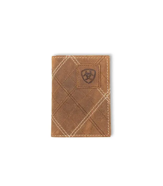 Ariat Men’s Leather Trifold Wallet - Genuine Crazy Horse Leather, Cross Stitch Design, Cash Compartment, Embossed Patch, Multi-Slots, Men's Wallet Leather