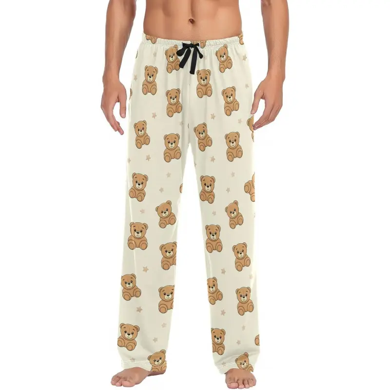 Teddy Bear Star Beige Pajama Pants Mens Lightweight Lounge Pants Modal & Spandex Casual Loungewear Sleepwear Pjs Big Day with Elastic Waistband & Side Pockets for All Seasons Menswear Long Polyester Stylish Homewear Pyjamas Cotton