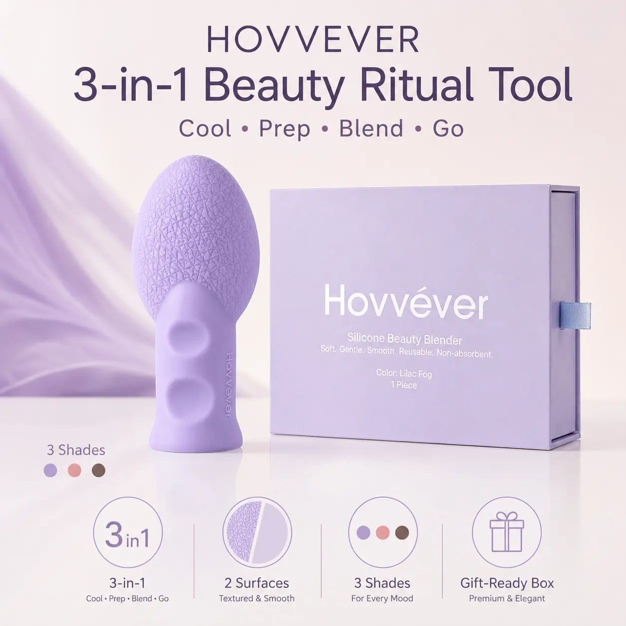 Hovvéver 3-in-1 Dual-Sided Silicone Makeup Blender, Non-Absorbent Foundation Applicator with Velvet Veil Texture, Cooling Skincare Prep & Reusable Touch-Up Tool with Suction Base