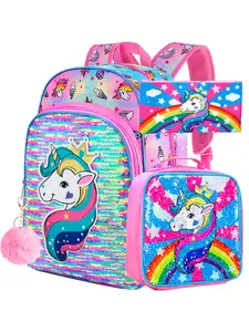 3PCS Unicorn Backpack for Girls, 16" Sequin Prechool Elementary Bookbag and Lunch Box
