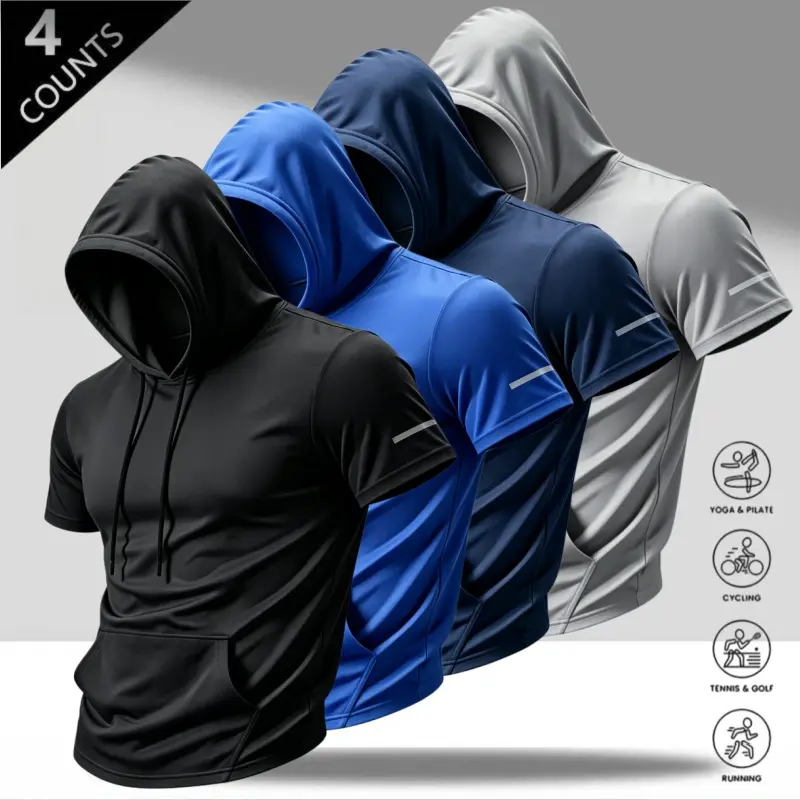 Men’s quick-dry short-sleeve hoodie — ice silk breathable tee with reflective stripes, kangaroo pocket, drawstring hood; American minimalist gym top for running, cycling, tennis, golf, yoga, and daily commuting