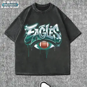 American Sporty Style Eagles Football Graffiti Graphic Print T - Shirt, 230g Washed Pure Cotton Comfortable Short Sleeve, Unisex Casual Versatile Top, Multiple Colors (S - XXL) , Holiday Gift