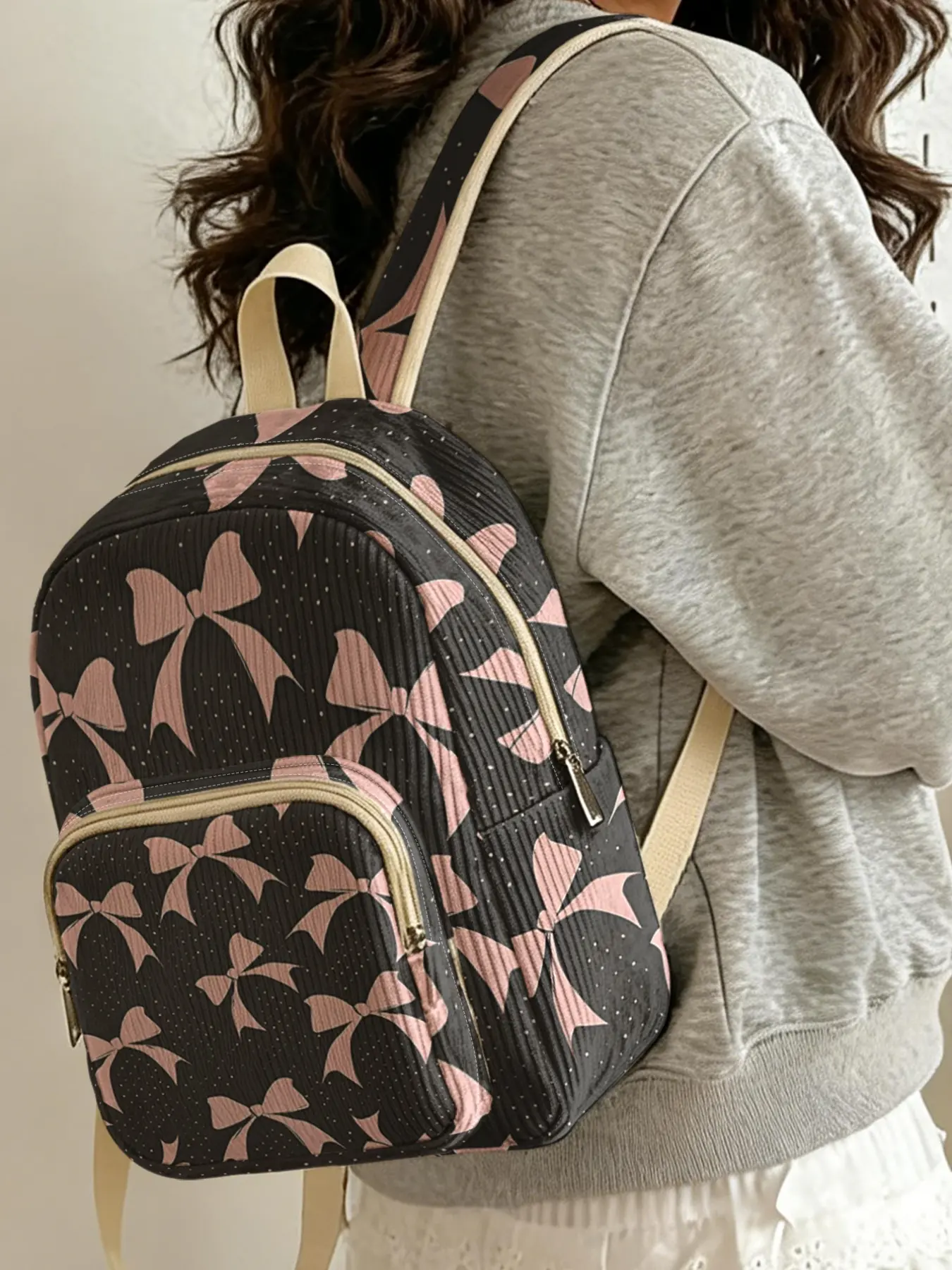 1pc Pink Bow Pattern 2D Printed Women's Backpack, Velvet Texture + Layered Storage + Lightweight Comfort | Perfect for Students to Class/Shopping/Short Trips | Combines Atmosphere and Practicality