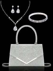Women's Silver Rhinestone Evening Clutch Purse with 4PCS Jewelry Set (Necklace, Earrings, Bracelet), Sparkly Crystal Handbag with Top Handle & Chain Strap for Wedding, Prom, Cocktail Party and Formal Events