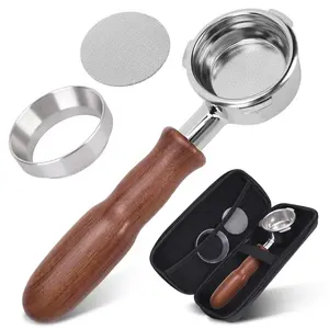 58mm Espresso Bottomless Portafilter with Dosing Funnel and Puck Screen Set, 3 Ears Stainless Steel Portafilter, Solid Wood Handle, Compatible with Barsetto BAE01, BAE02, Calphalon Temp IQ, Coffee Espresso Replacement Accessories