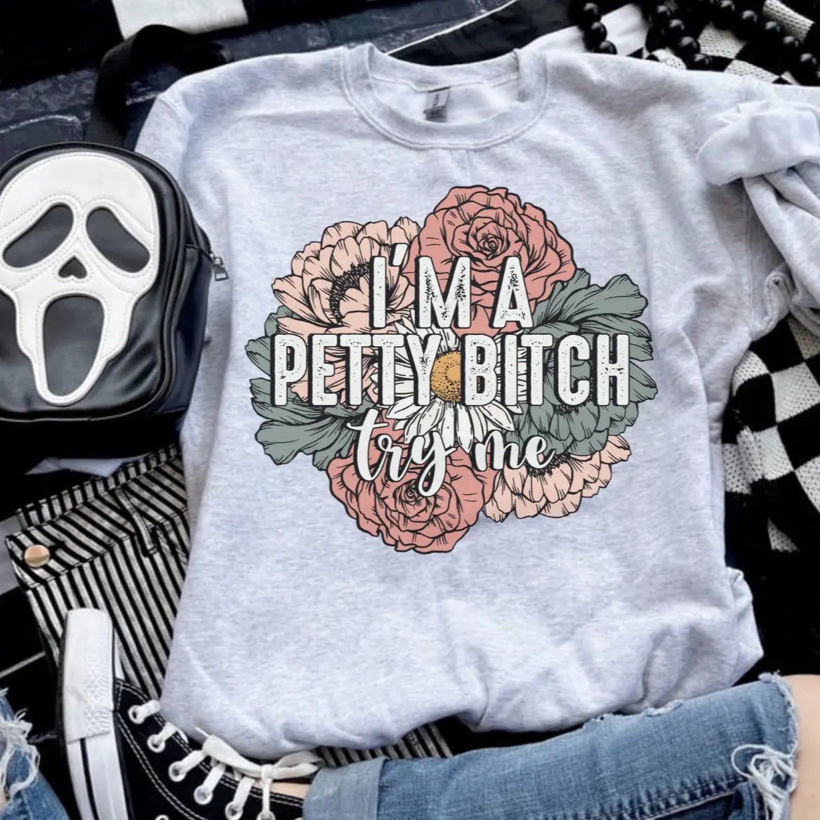 I’m A Petty B* Try Me Sweatshirt - Ash Grey - Polyester Jersey Fabric Sweatshirt - Ash Grey, Sublimation, Sleeves, Women's Clothing