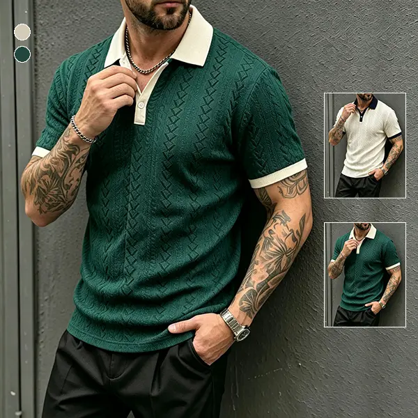 Men’s green color-block short-sleeve textured knit polo shirt, jacquard knit polo shirt, old money style polo shirt, suitable for everyday wear, commuting, and vacations.