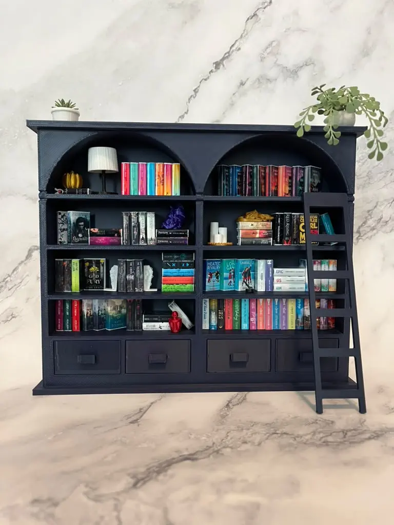 Miniature Bookshelf with Ladder and Drawers, Arched Dollhouse Library Shelf, Mini Bookcase