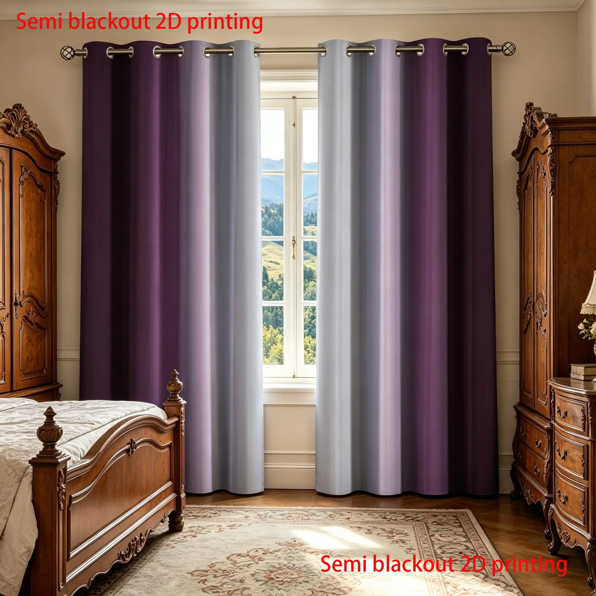 2-piece set of light luxury purple gray gradient semi blackout curtains Window Curtains Home Decoration Curtain 2D digital printed polyester fabric European retro bedroom living room universal finished curtains
