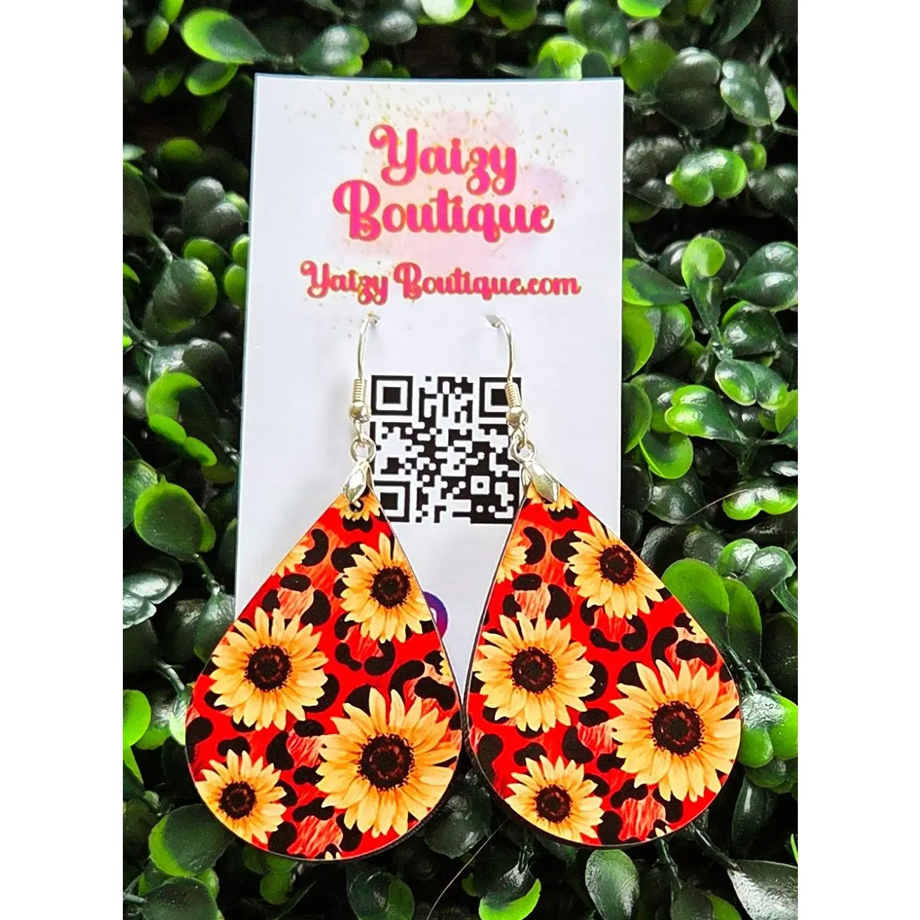 Handmade Sunflower Teardrop Earrings | Bold Red & Black Pattern | Lightweight MDF Wood