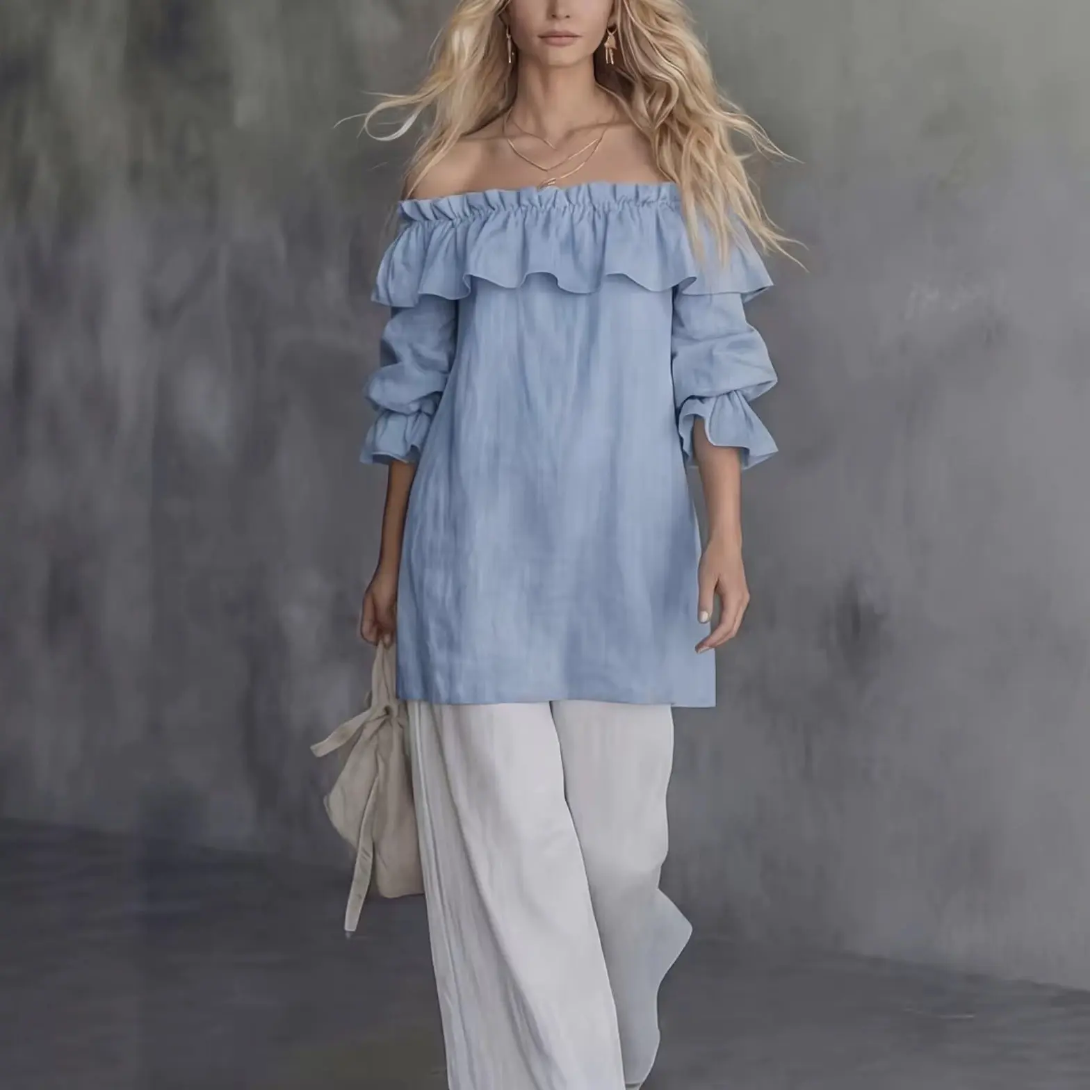 Women Off Shoulder Ruffle Blouse, Solid Color Loose Fit 3/4 Length Puff Princess Sleeve Top, Elegant Polyester Casual Shirt