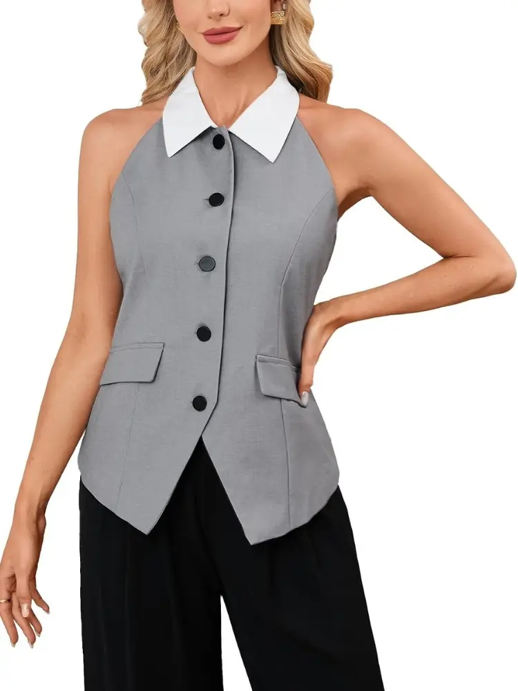 Women's Halter Neck Suit Vest Contrast Collar Sleeveless Button Down Waistcoat Tailored Vest Top Business Casual Workwear Old Money Aesthetic Trendy Y2K Office Outfit Pointed Hem Elegant Formal Chic Streetwear Fall Fashion Tops Black Grey