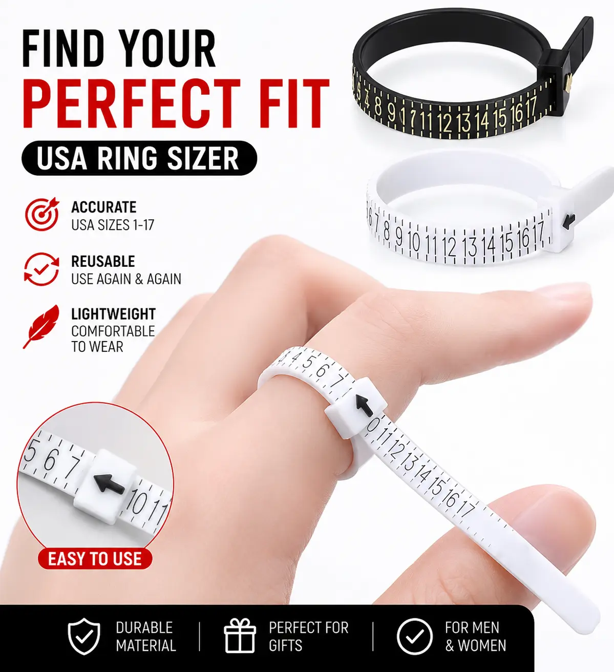 Ring Sizer Measuring Tool for US Sizes 1-17, Reusable Finger Sizing Gauge