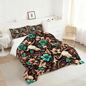 Bohemian-Style Comforter Set, Turquoise Blue Floral Bull Skull Print Bedding Set, Bedset, Soft and Cozy Quilted Bedspread Quilting, 2/3Pcs Include 1 Or 2 Pillowcases (Pillow Inserts Not Included)