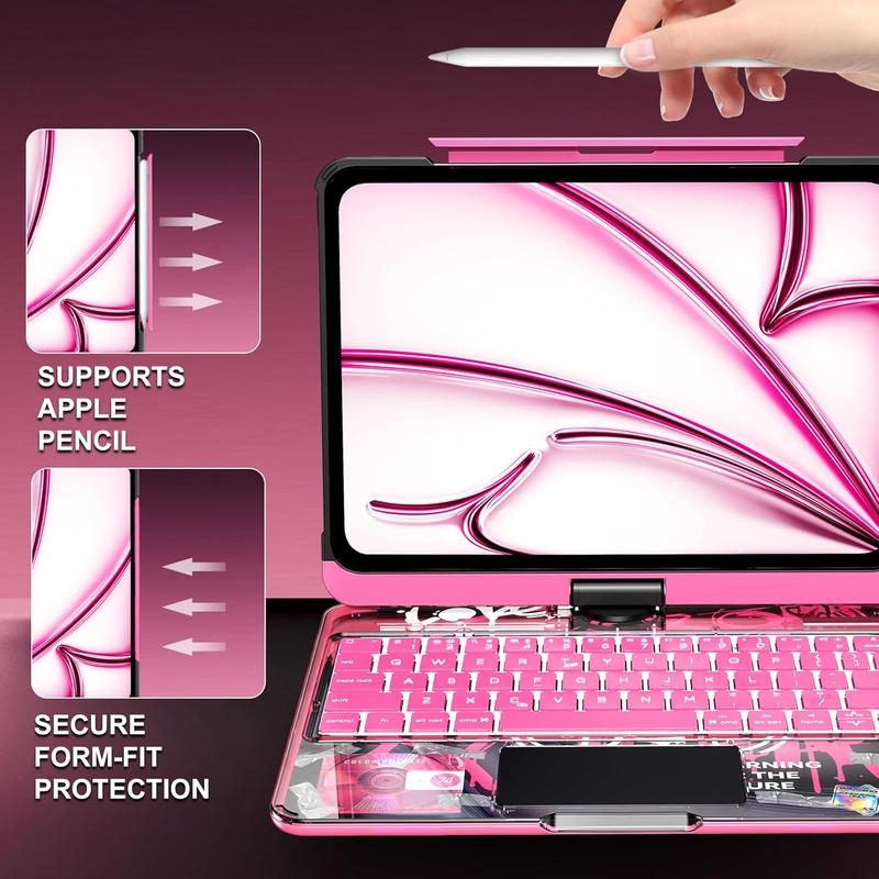 Transparent Y2K Pink 360°Rotatable Keyboard iPadCase for 2022 iPad 10th Gen 10.9-in & iPad 11th Gen 11-in.(A16, 2025),Clear Hard PC Back,Trackpad,Pencil Holder,7 Color Backlight Adjustable Durable