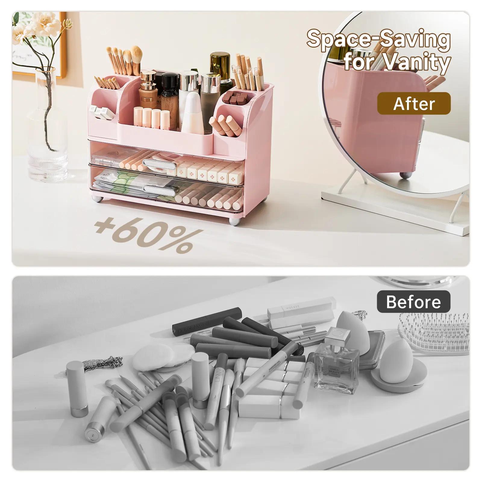 Makeup Organizer for Vanity with 2 Large Drawers, Cosmetic Display Case with Brush Holders, Easy to Storage for Bathroom Countertop Skincare, Desk Office Supplies, jewelry organizer.