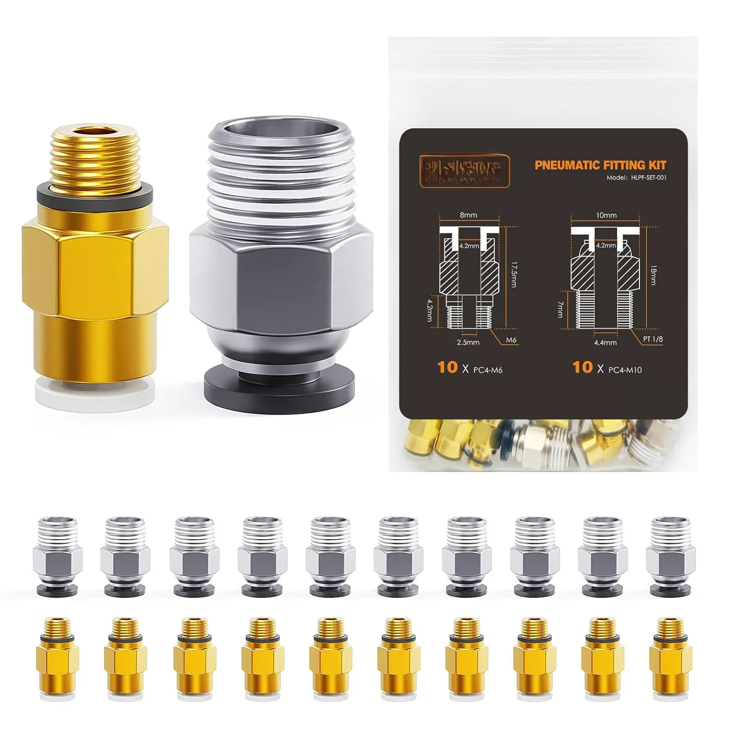 20 Pieces Brass PC4-M10 & PC4-M6 Bowden PTFE Tube Connectors, Push-to-Connect Quick Fittings, 1.75mm Filament Pneumatic Couplers, Versatile Push-Fit Adaptors for 3D Printing Machinery, 3D Printer Accessories