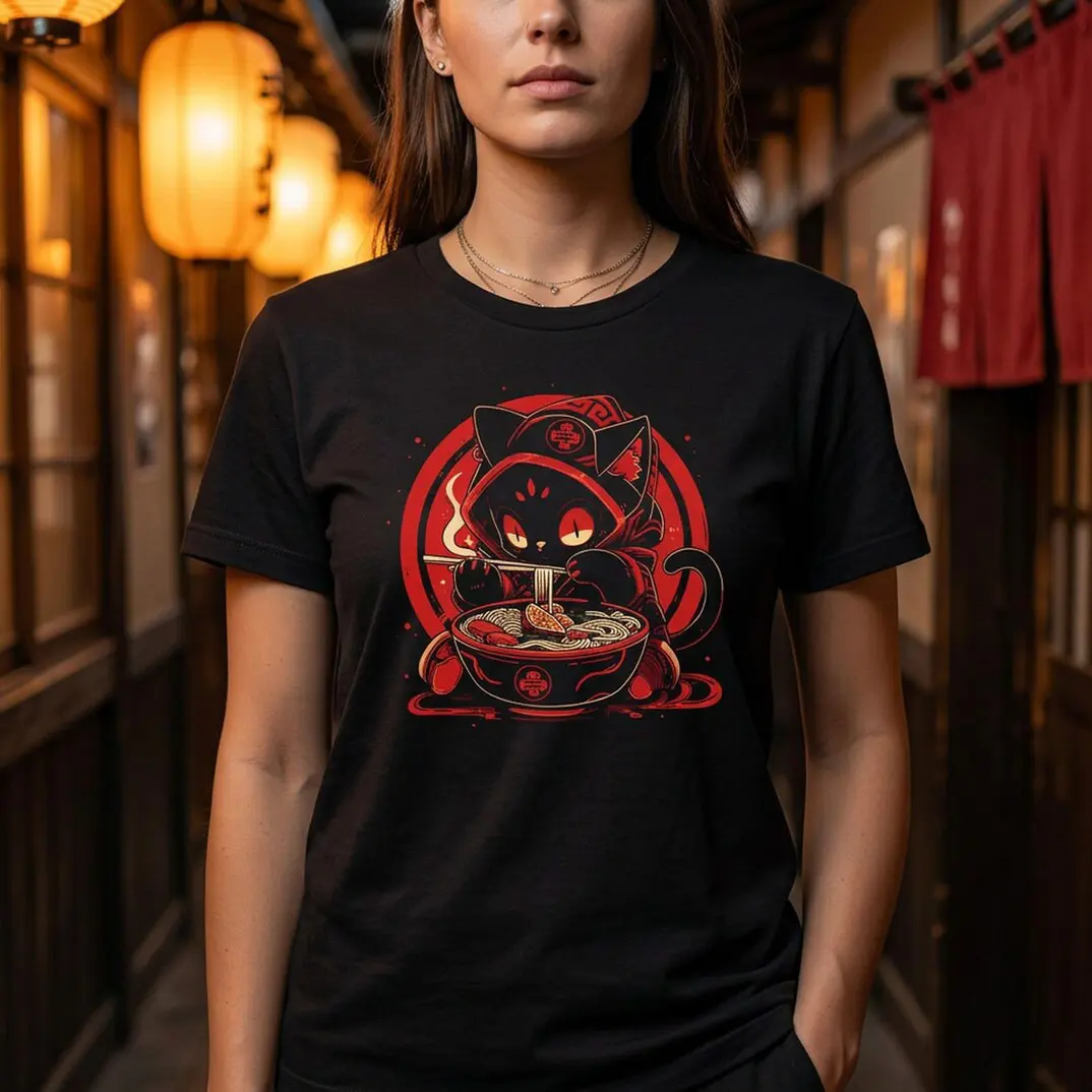 Red Ninja Black Cat Ramen Noodle Japanese Anime Graphic Short Sleeve Tee, Unisex Streetwear Cat Lover Daily Tops, Breathable Cotton Printed Craft Summervibes Shirt, Loose Casual Fit