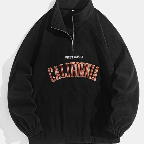 【Black Friday】Men's Letter Embroidery Quarter Zip Polar Fleece Sweatshirt, Casual Fashion Regular-Fit Raglan Sleeve Stand Collar Pullover, Men's Clothes for Daily Wear, Long Sleeve Top for Fall & Winter, Menswear