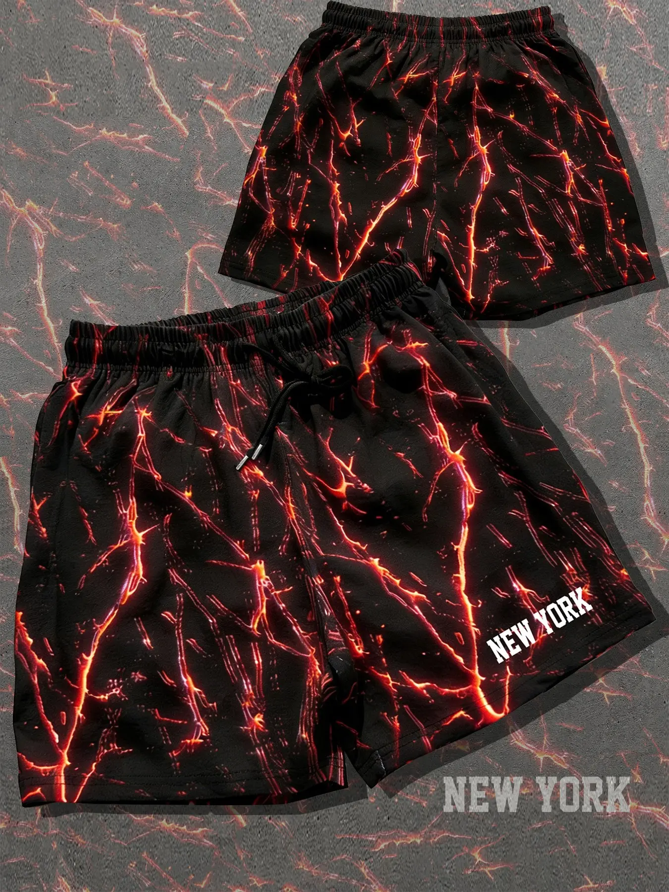 Men's Y2K Retro New York Lightning/lava Print Gym Shorts, Street Hip Hop Style, Drawstring Waist, Loose-Fit Casual Shorts, Casual Graphic Shorts