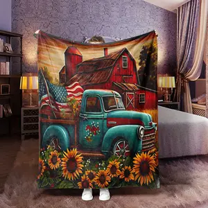 American Country Vintage Sunflower Print Flannel Blanket, Soft Warm Anti-Pilling, Ideal for Nap Camping Travel