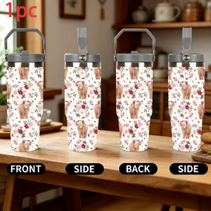 1pc 30oz Stainless Steel Vacuum Insulated Tumbler with Handle & Flip Straw Lid, Highland Cow & Red Floral Print, Keeps Beverages Hot & Cold for Hours, Ideal for Farm Animal Lovers, Daily Commute and Outdoor Adventures