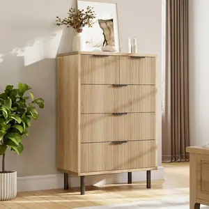 Modern Fluted 5 Drawer Wooden Dresser, Tall Bedroom Storage Chest with Metal Legs, Spacious Deep Organizer Cabinet with Anti-Tipping Safety Feature, Multipurpose Furniture for Hallway Nursery Closet, White & Black Available