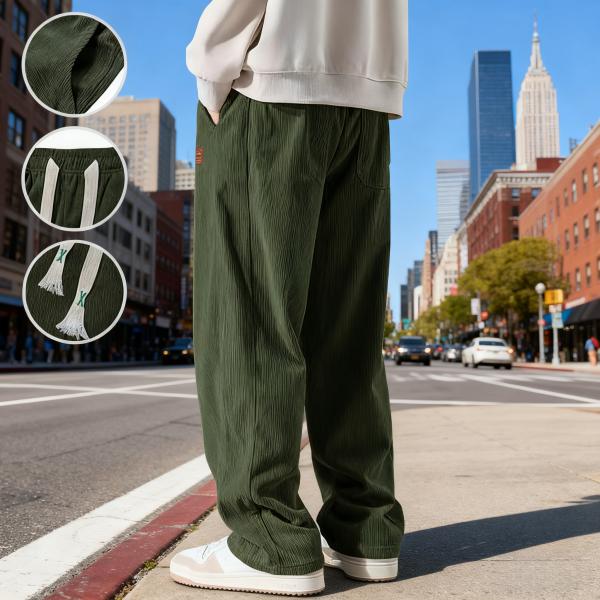 Trendy Brand 2 PIECE SET Men's Corduroy Straight Leg Sweatpants Autumn New Arrival Loose Fit Wide Leg Casual Pants for Autumn & Winter Menswear Trouser Beige Plain Black + Olive Green Pocket casual comfy loose fitting trouser durable fabric