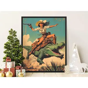 [Sale up to 50%] Vintage Western Cowgirl Riding Alligator Art Print, Unique Retro Poster, Wild West Adventure Wall Decor, Fun Artistic Illustration Photo Decoration