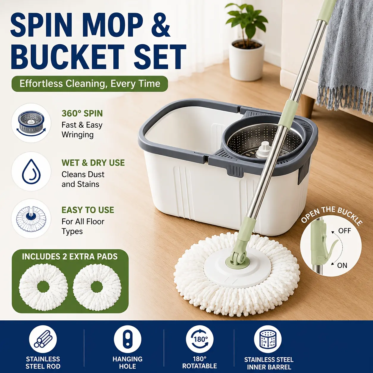 360° Spin Mop and Bucket Set, Self-Wringing Floor Mop with 180° Flexible Head, Easy Reach Design for Tight Corners & Under Furniture, Time-Saving Floor Cleaner for Hardwood, Tile, Laminate Floors, Perfect for Busy Families and Homeowners