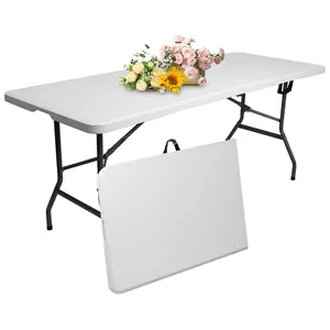 WGCTEK Foldable Picnic Table - 4FT/6FT, Half-Folding, Height-Adjustable, Sturdy, Portable with Handle & Lock, Quick Assembly, Easy Storage, White for Outdoor/Indoor Use