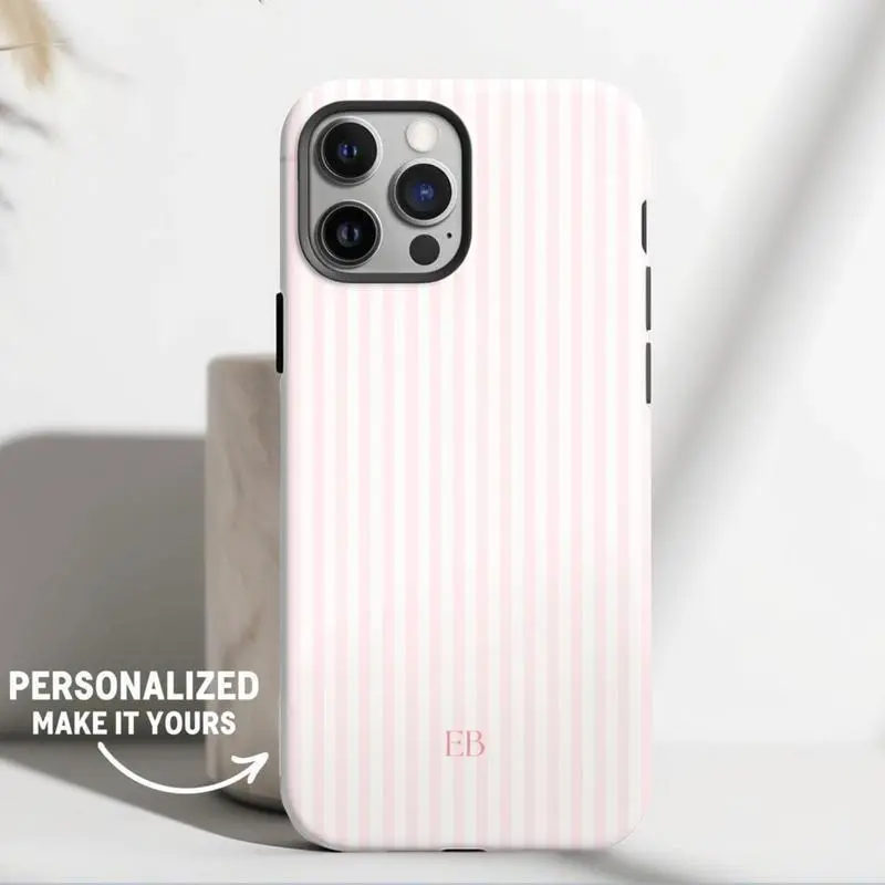 Personalized Pink Phone Case Custom Monogram Phone Case Aesthetic Pink Striped Phone Case Summer Coastal Protection Durable Smartphone Cellphone