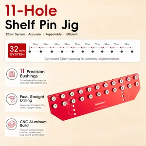 AlphaStart 11-Hole Shelf Pin Jig, All Metal Cabinet Hardware Tool with Self-contained Clamping Function, 5mm and 1/4" Drill Bits Guide for Shelf Hole