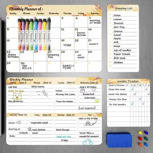 Calendar for Refrigerator Whiteboard (4-Pack) Weekly & Monthly Planner, Chore Charts, Grocery/to-Do Lists White Board with 8 Markers, 6 , and 1 Eraser for Home Kitchen, Yellow