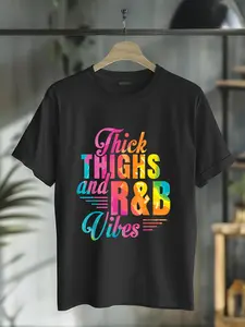 Men's 100% Cotton Short-Sleeve Graphic T-Shirt, Unisex Vintage 90's R&B Vibes Body Positivity Thick Thighs Casual Round Neck, Distressed Casual Letter Print Menswear Top