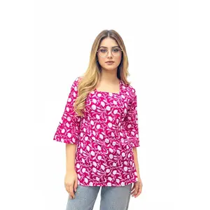 Magenta Pink Floral Block Print Short Kurti