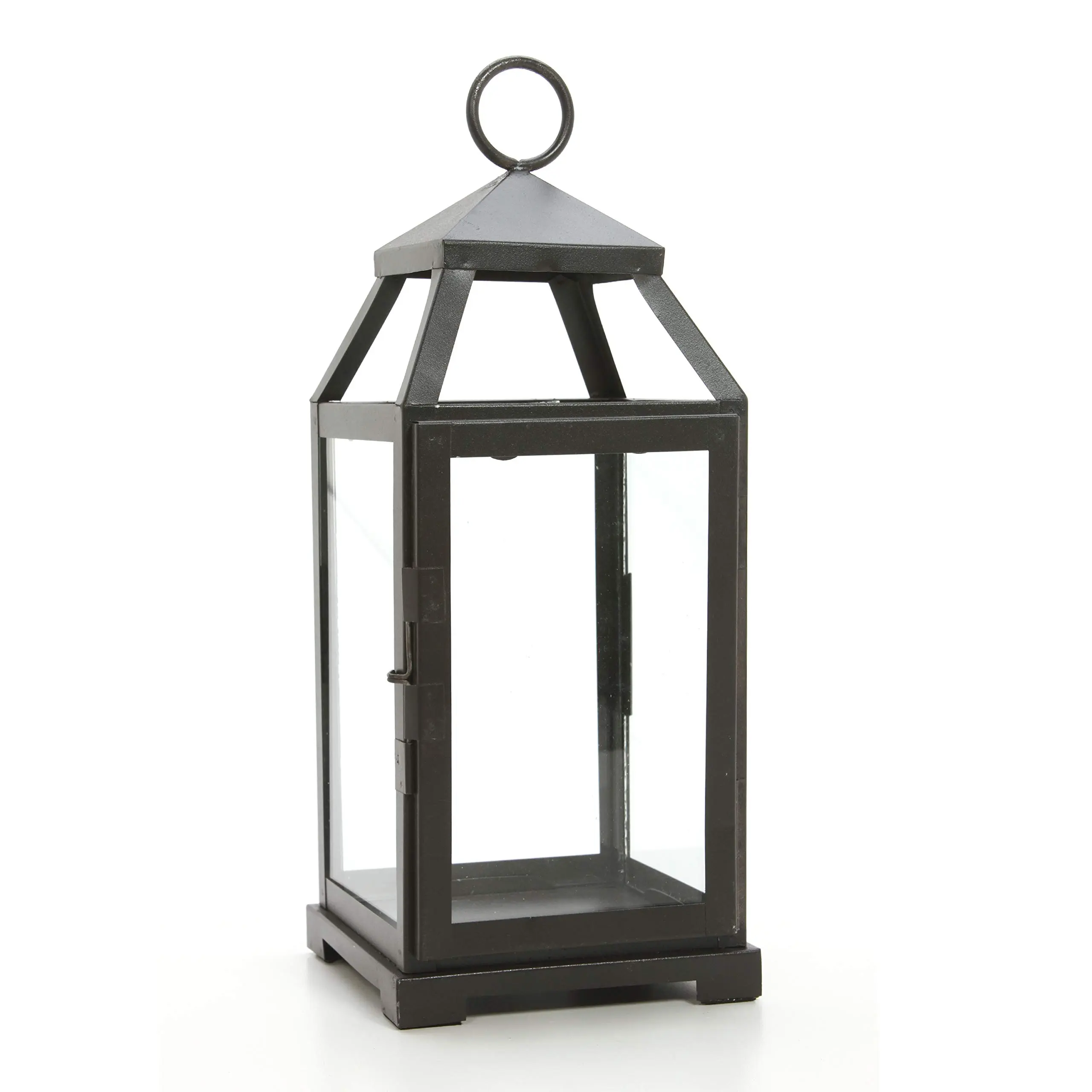 Clear Glass Iron Lantern Candle Holder 14 Inches High - Durable Design with Hinged Door & Handle for Indoor/Outdoor Use - Versatile Decor Piece