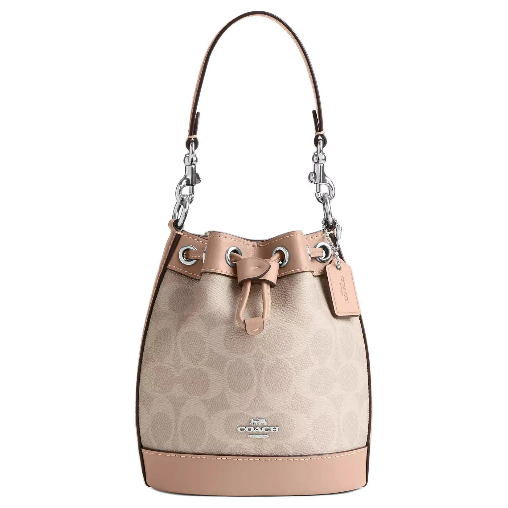 COACH Dempsey 15 Mini Shoulder Bag for Women – Drawstring Closure, Coated Canvas and Leather, Bucket Style, Light Khaki