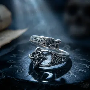Women's Adjustable Vintage Silver Celtic Knot Ring - Gothic Witchy Costume Jewelry, Intertwined Hollow Design, Boho Amulet, with Premium 3D Floating Display Gift Box