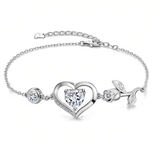 JACUPO JEWELRY 1CT Rose Heart Bracelet Moissanite Lab-Grown Sapphire Ruby Emerald&More S925 Silver 18K White Rose Gold Plated Anniversary Birthday Gift for Wife Girlfriend Mom Daughter Mothers Day Gift for Mom