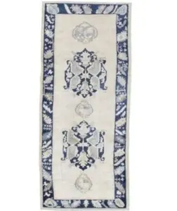 714 - Blue Beige Grey Turkish Handmade Runner Rug