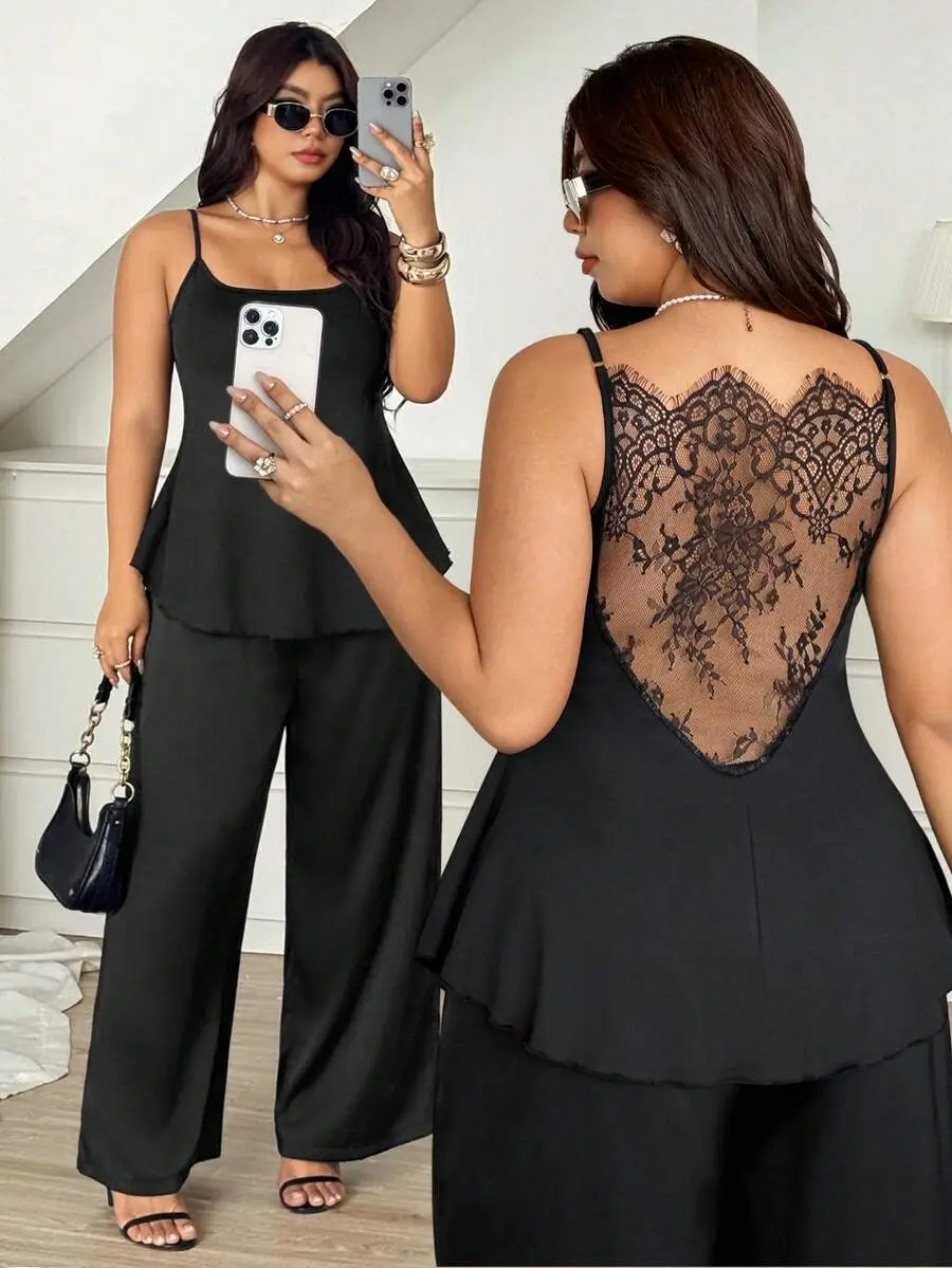Curvera x [FS] Plus Size Knitted Round Neck Cinched Waist Ruffle Hem Sexy Elegant Lace French Style Commute Cocktail Dinner Versatile Camisole Black Summer