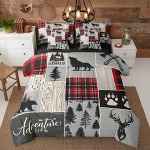 Woodland Bear Deer Comforter Set with Sheets Hunting Animal Wolf 7 Piece Bedding Set,Retro Lodge Cabin Bed In A Bag For Kids Teens Adult Bedroom Buffalo Plaid Patchwork Bed Set,Gray Red
